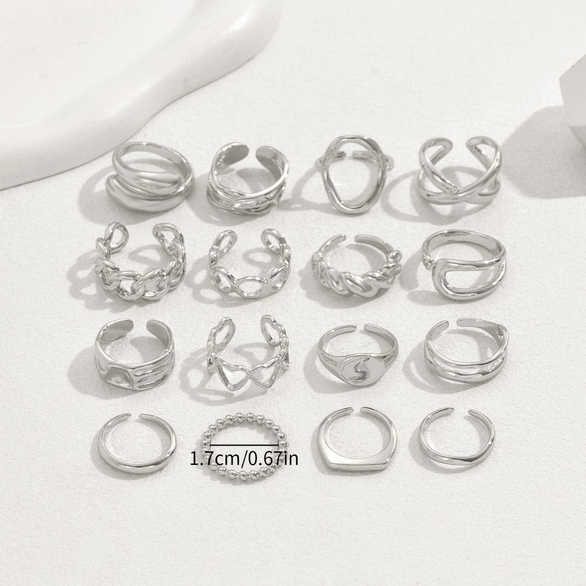 16pc Adjustable Geometric Ring Set in silver