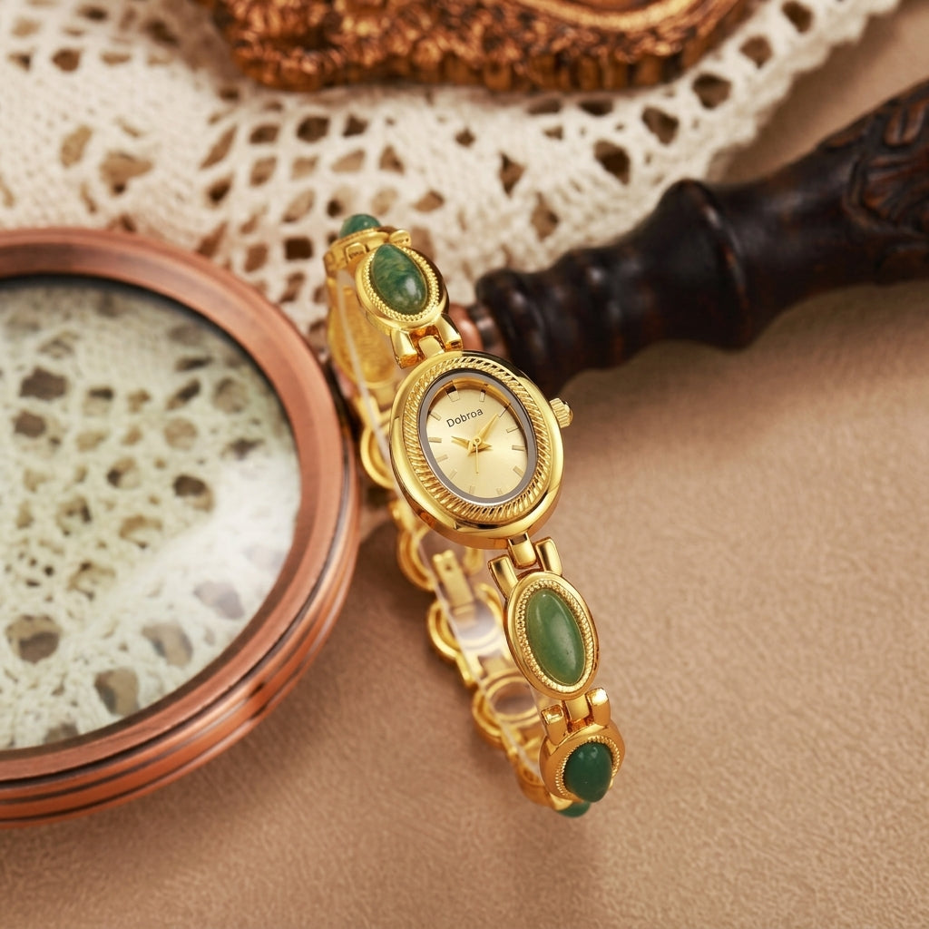 Feminine Oval Jade Band Watch in gold with gold dial