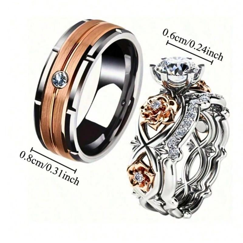 Silver Rose Gold Two-Tone Couples Ring Set