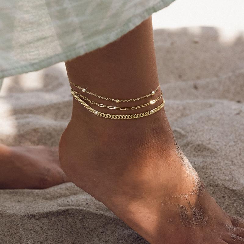 3pc Elegant Satellite, Paperclip, Curb Chain Anklet Set