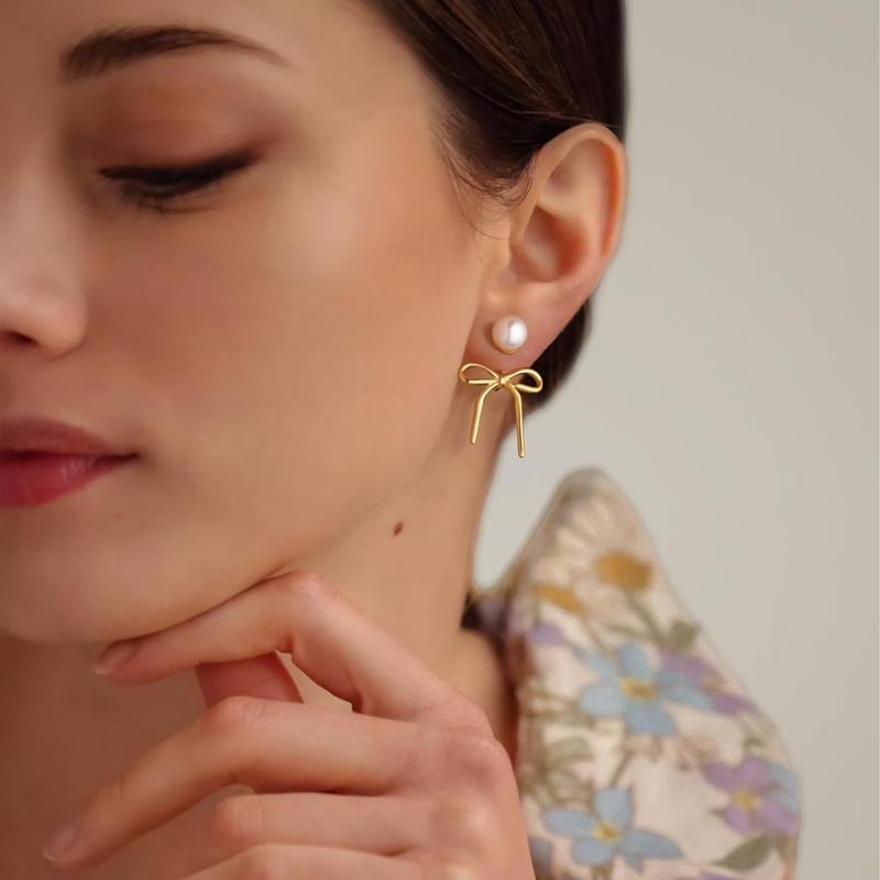 14k Pearl Accented Dangle Bow Earrings