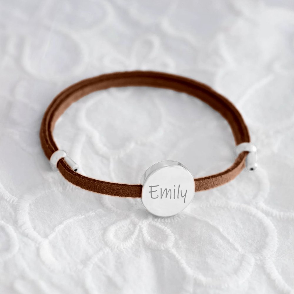 18k Custom Suede Circle Name Bracelet in silver
