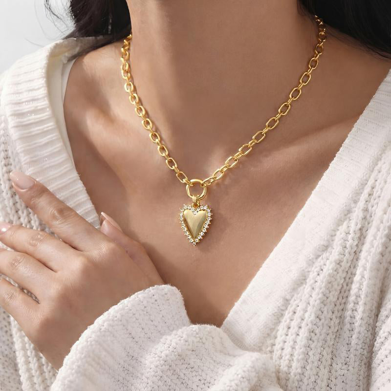 14k Diamond Accented Paperclip Chain Heart Necklaces