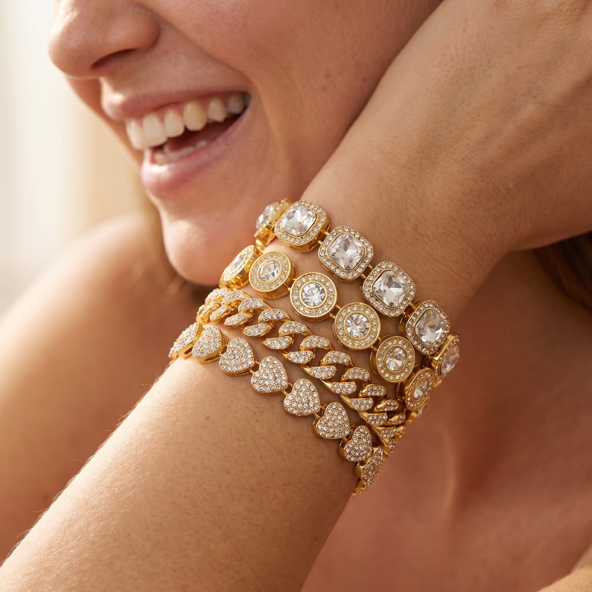 4pc Chunky Diamond Bracelet Stack in gold