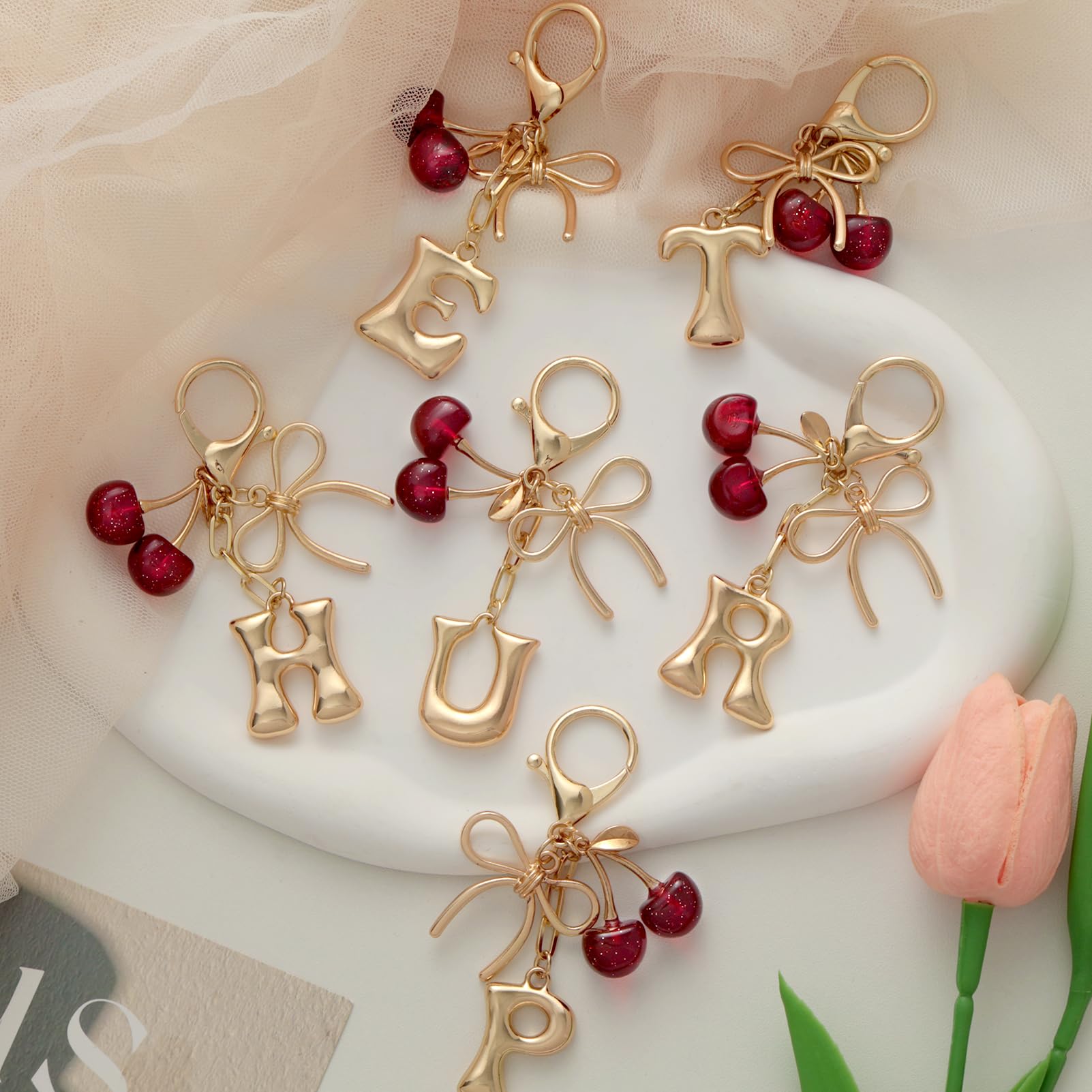 Bubble Initial With Bow & Cherry Bag Charms Keychain