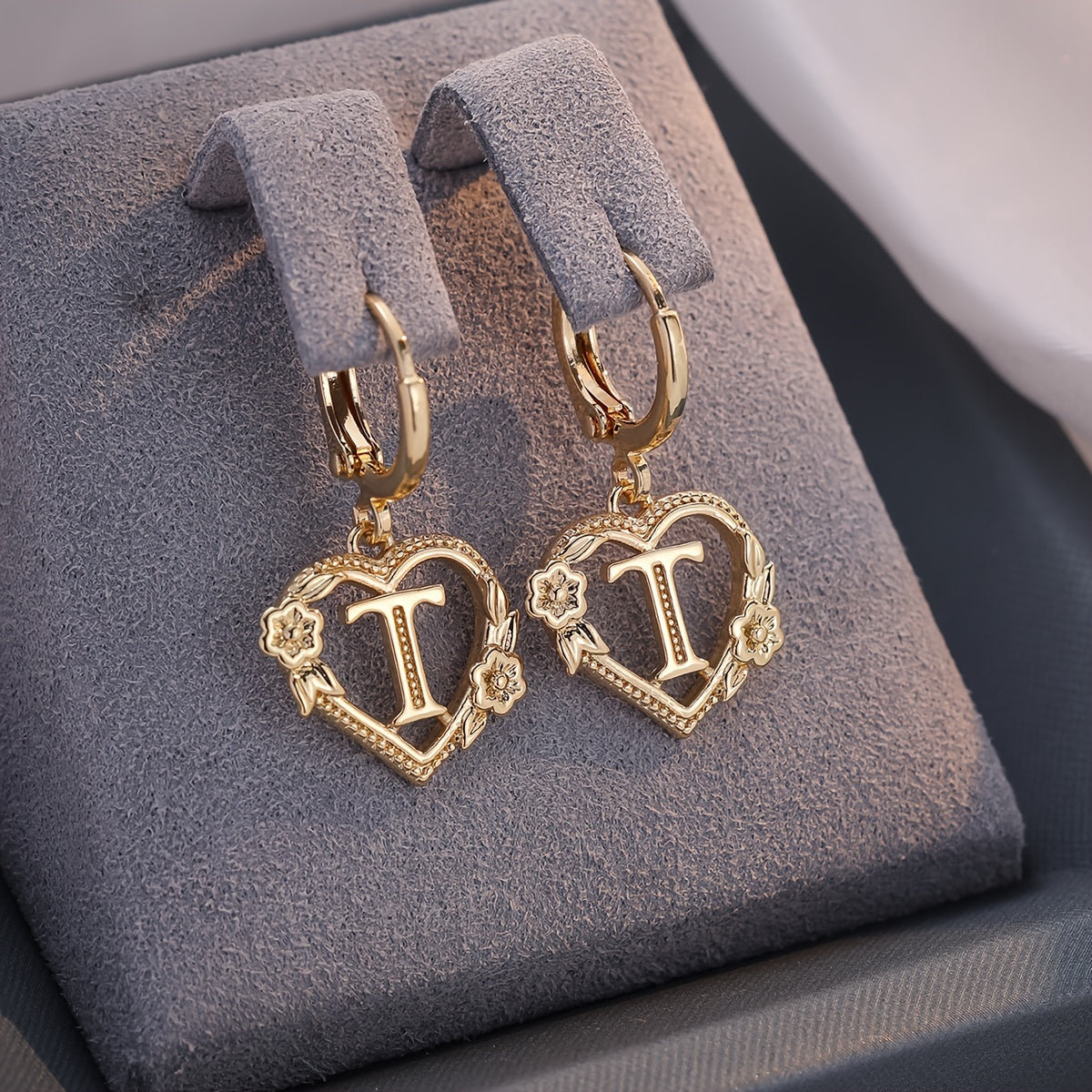 dainty initial letter heart hoop earrings