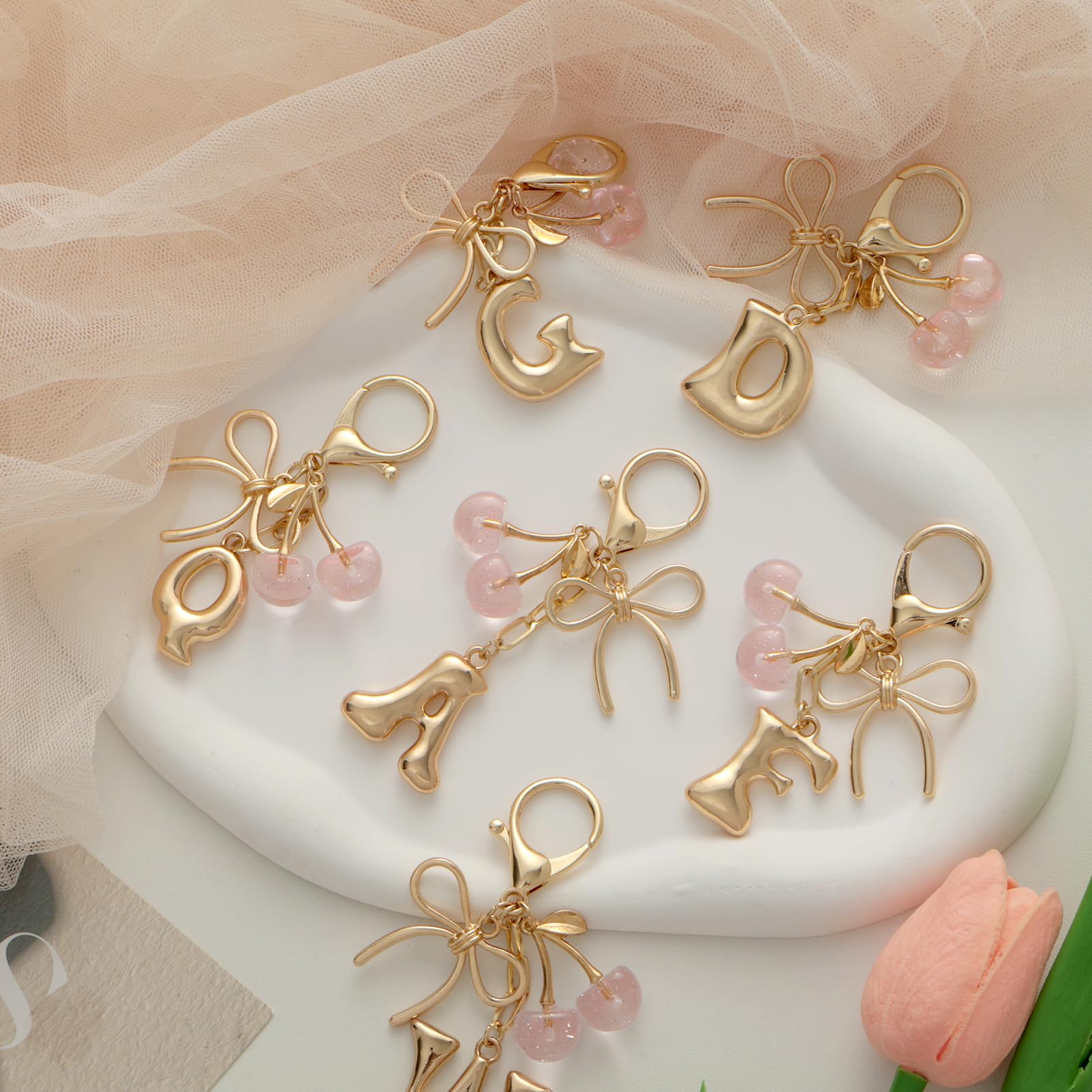 Bubble Initial With Bow & Cherry Bag Charms Keychain