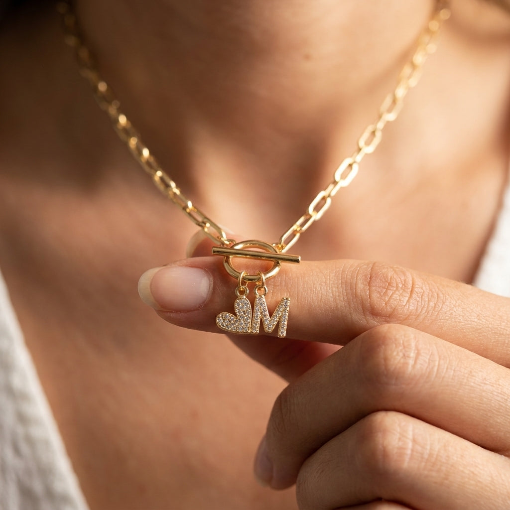 Paperclip Diamond Letter Initial Heart Charm Toggle Clasp Necklace