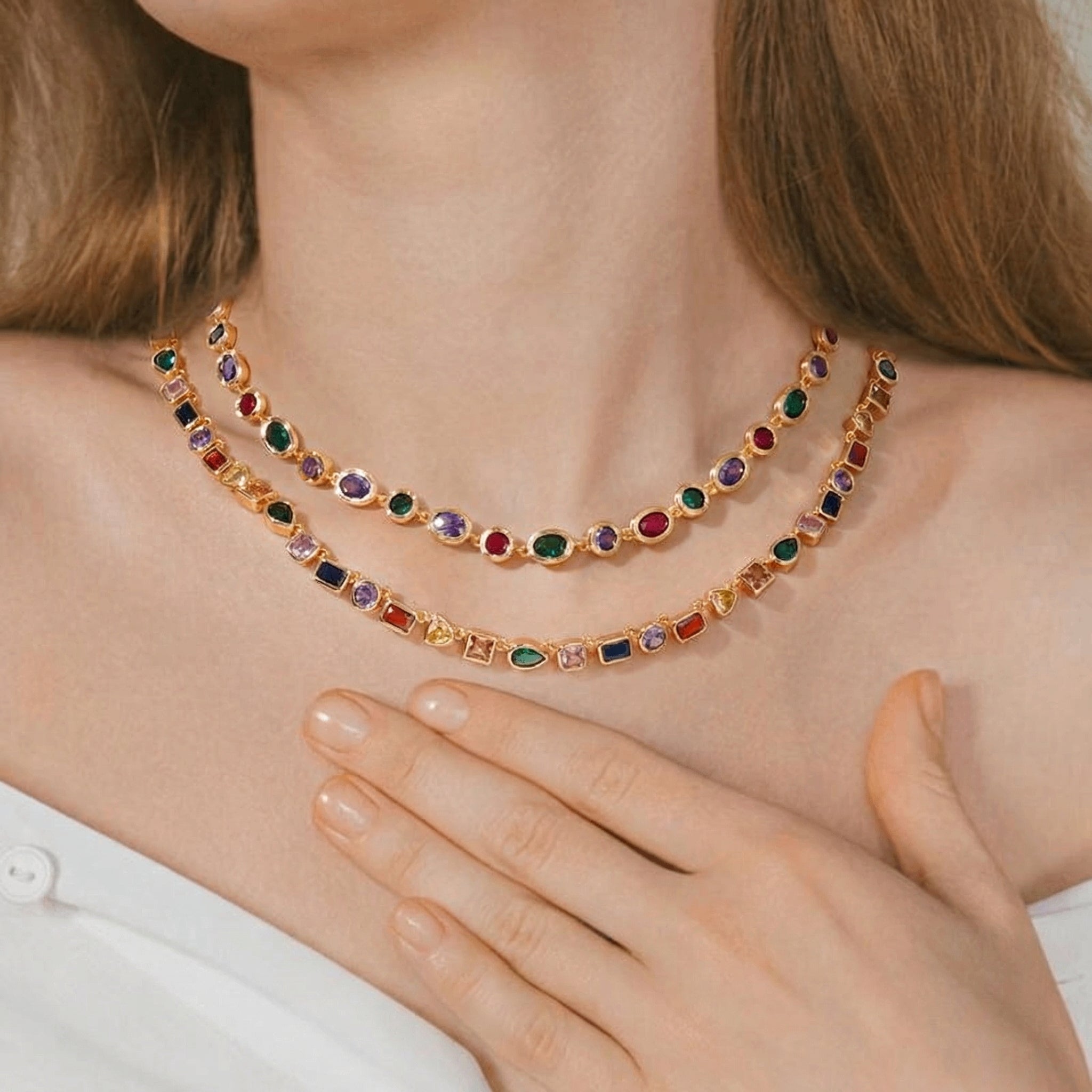 18k Colorful Shaped Gem Tennis Necklace