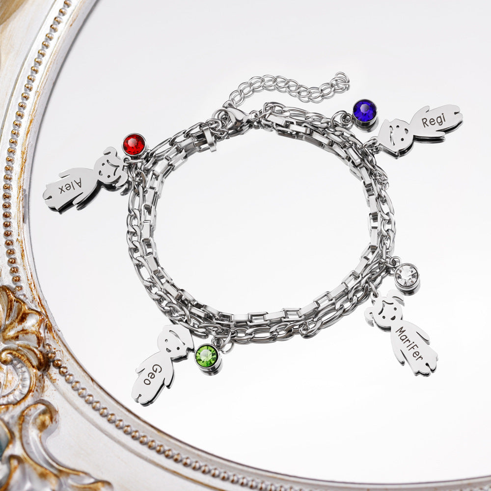 Stacked Family Charm & Birthstone Bracelet in silver
