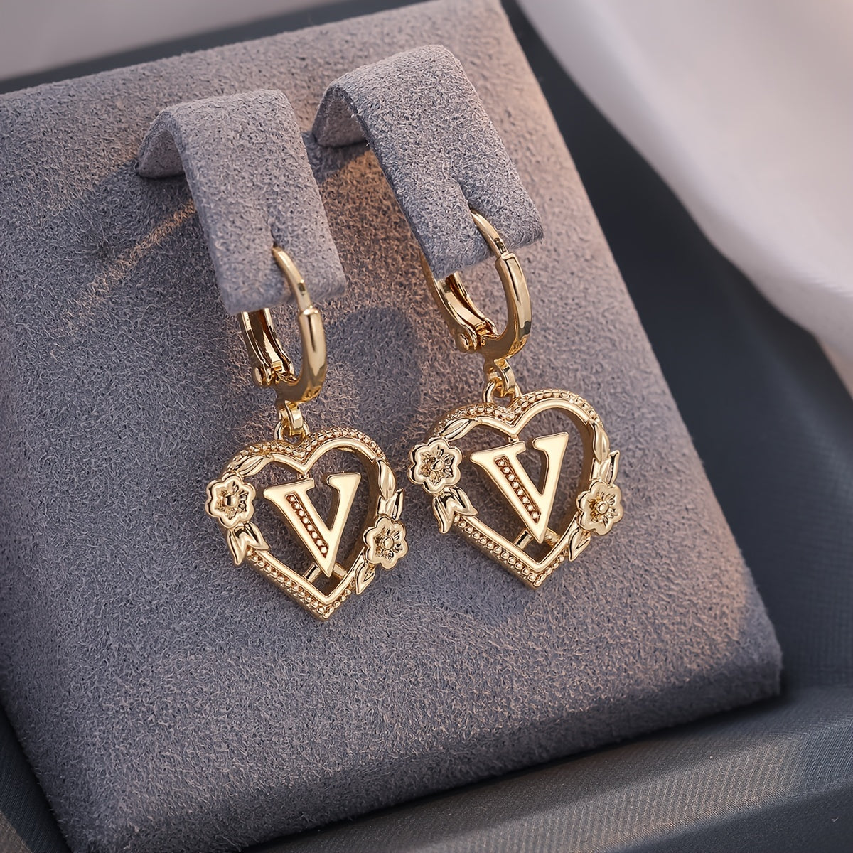 dainty initial letter heart hoop earrings