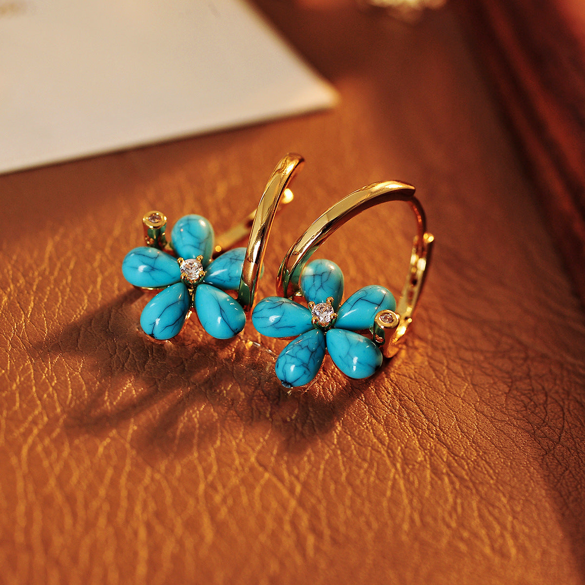 14k Diamond Center Lapis Flower Earrings