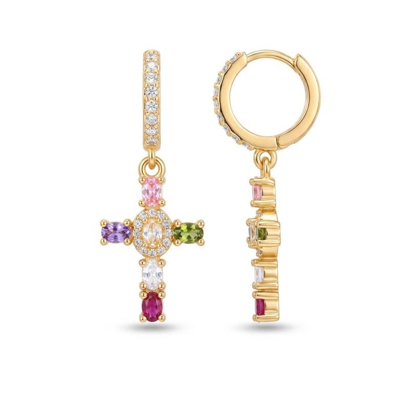 Dainty Colorful Gem Set Cross Earrings in gold