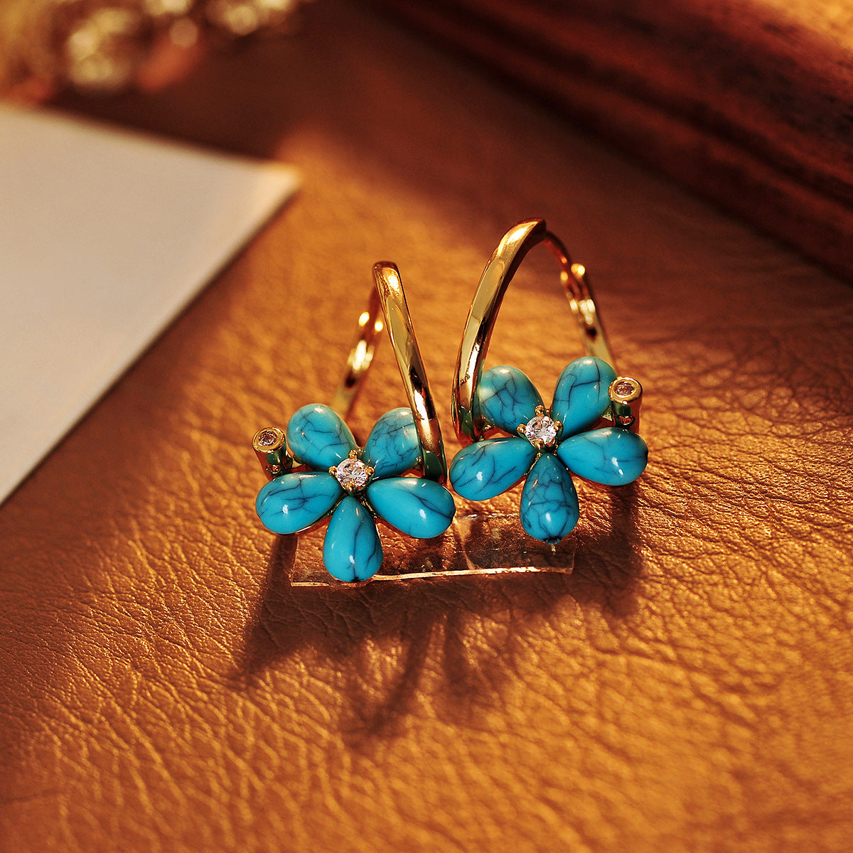 14k Diamond Center Lapis Flower Earrings