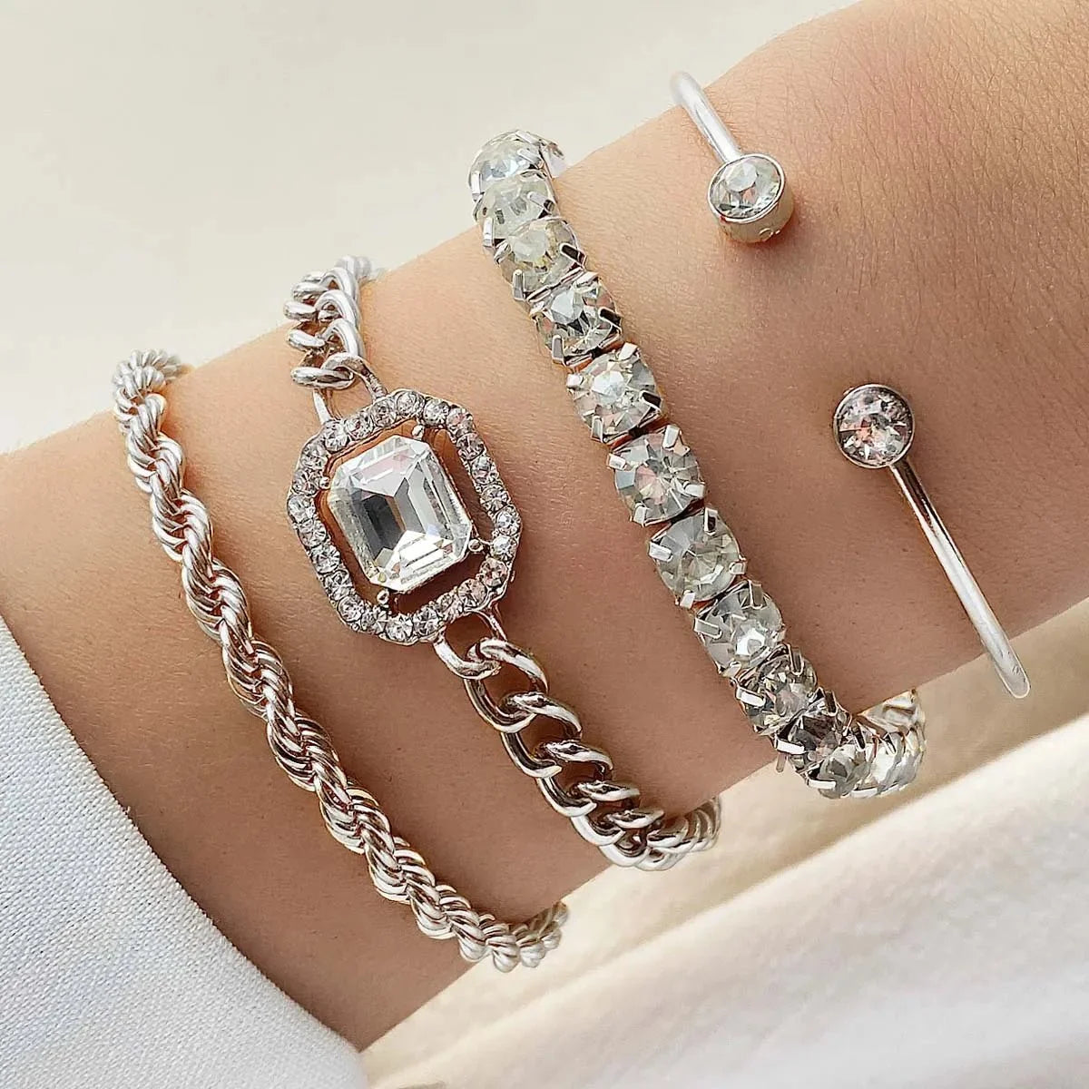 4pcs Diamond Shimmer Bracelet Stack in silver
