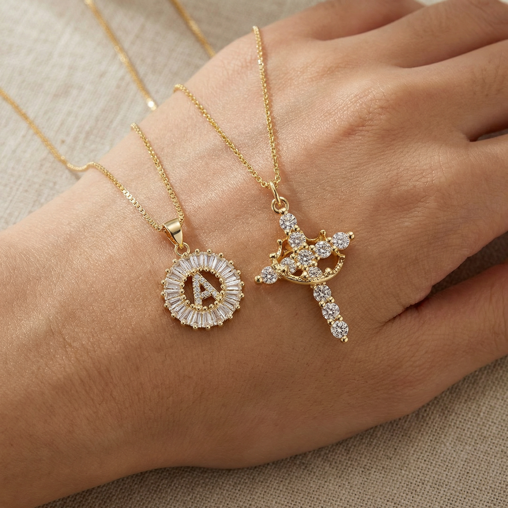 2pc 14k Diamond Cross Crown & Initial Necklace Set