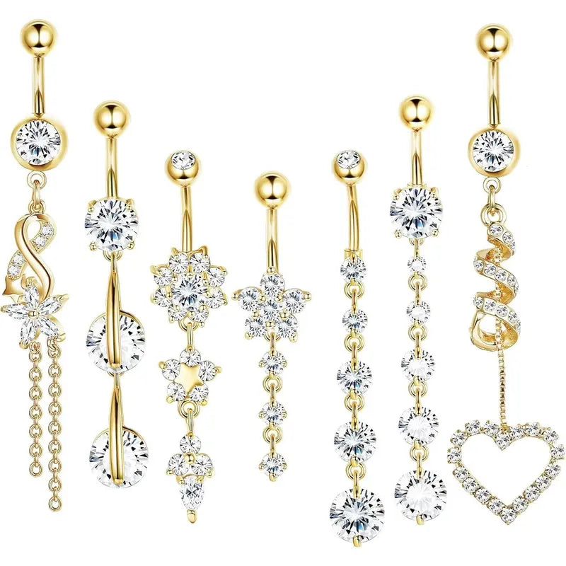 14G 6pc Diamond Accented Belly Button Jewelry in gold