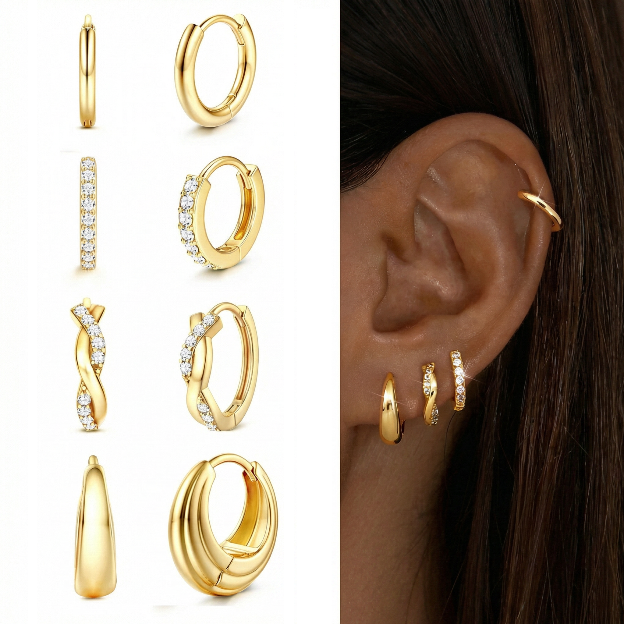 8pc Classic Huggie Hoop Earrings Set in gold