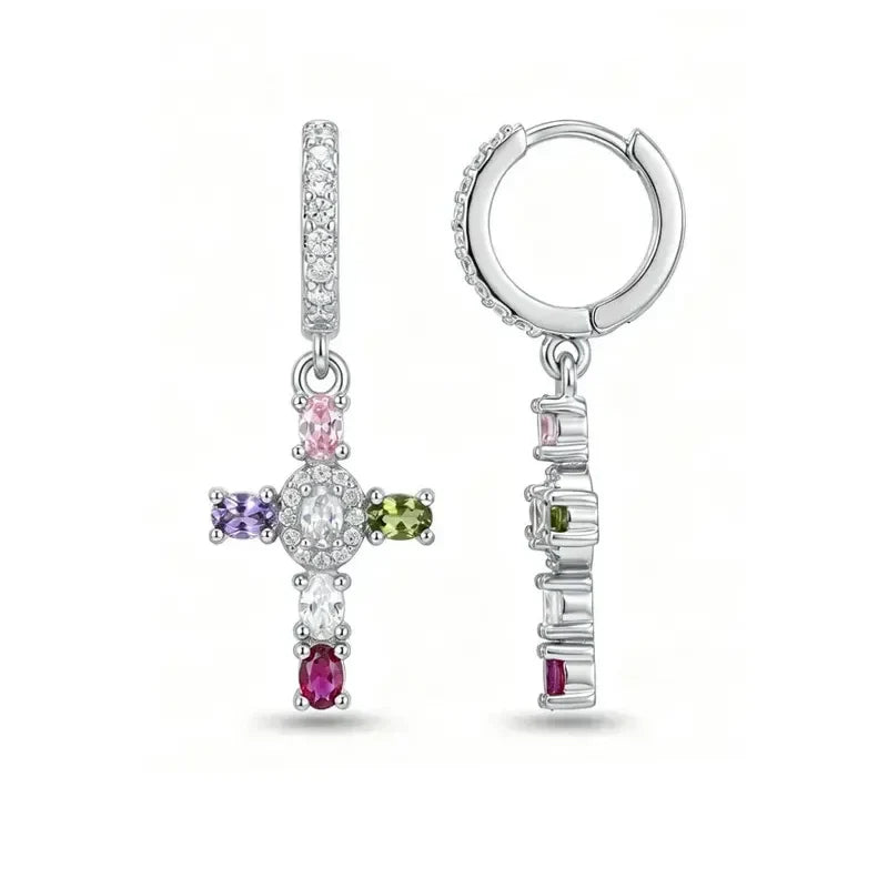 Dainty Colorful Gem Set Cross Earrings in silver