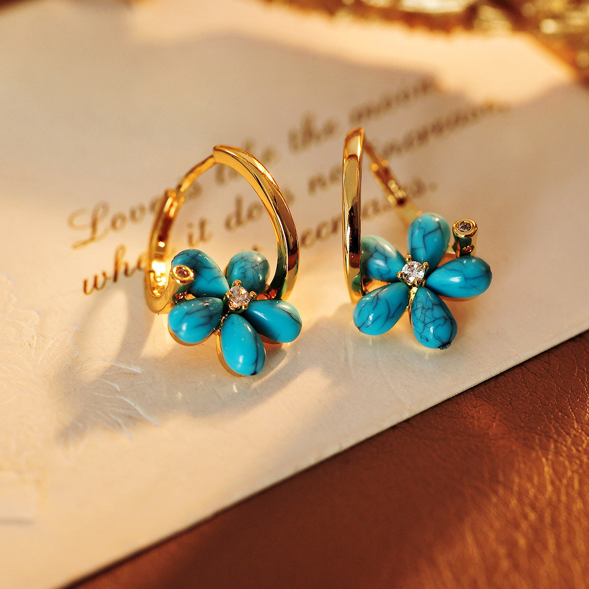 14k Diamond Center Lapis Flower Earrings