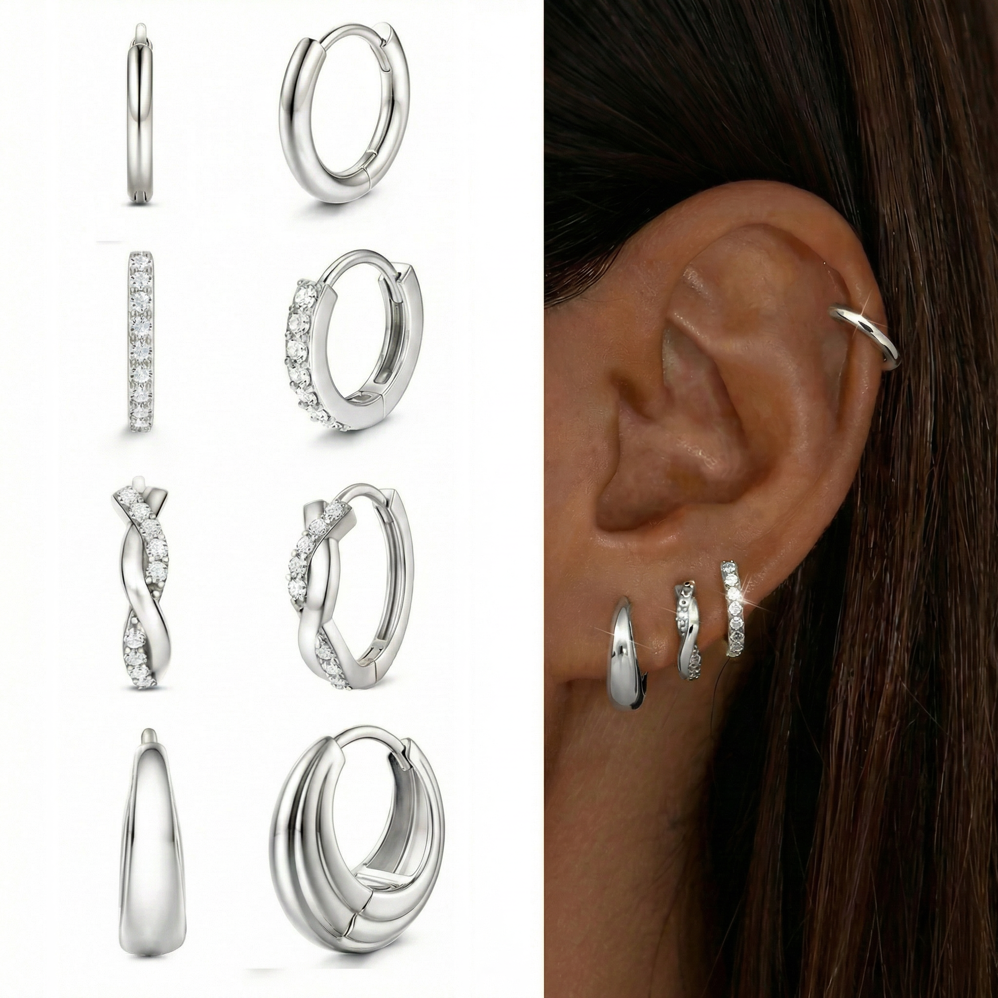 8pc Classic Huggie Hoop Earrings Set in silver