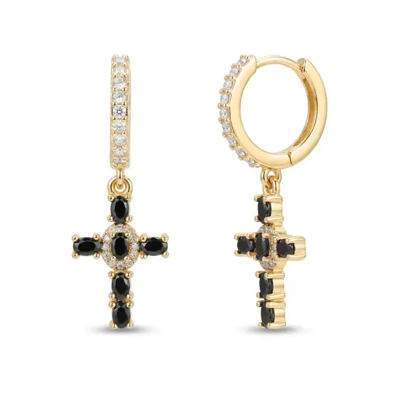 Dainty Colorful Gem Set Cross Earrings in black