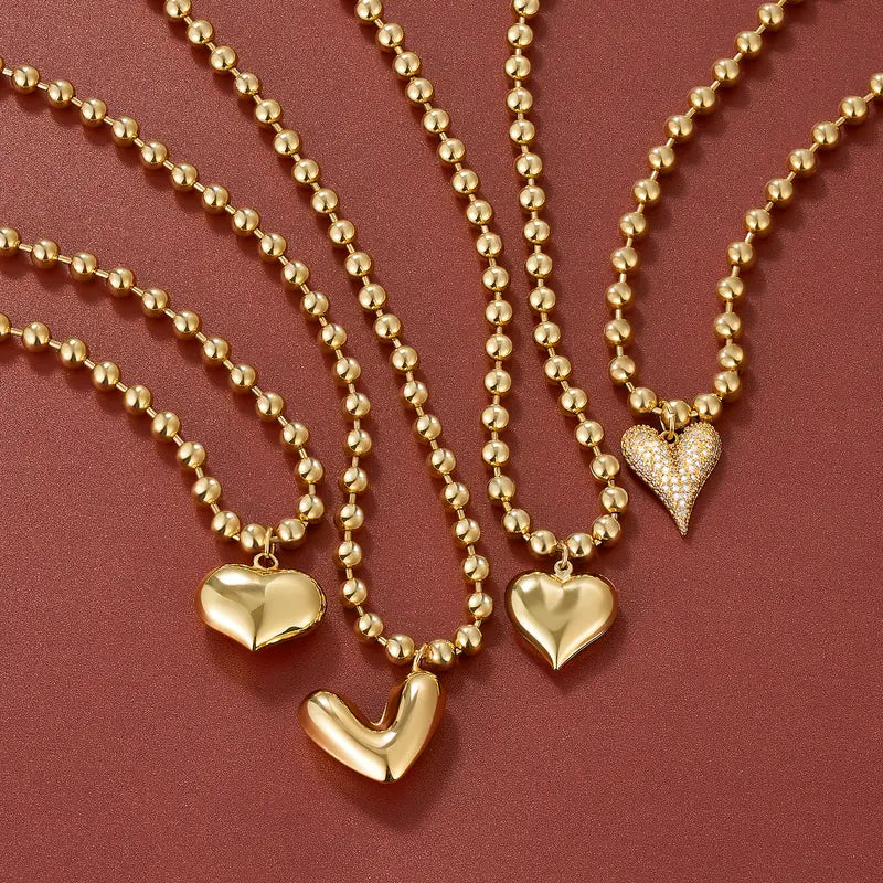 14k Beaded Chain Bubble Heart Necklaces