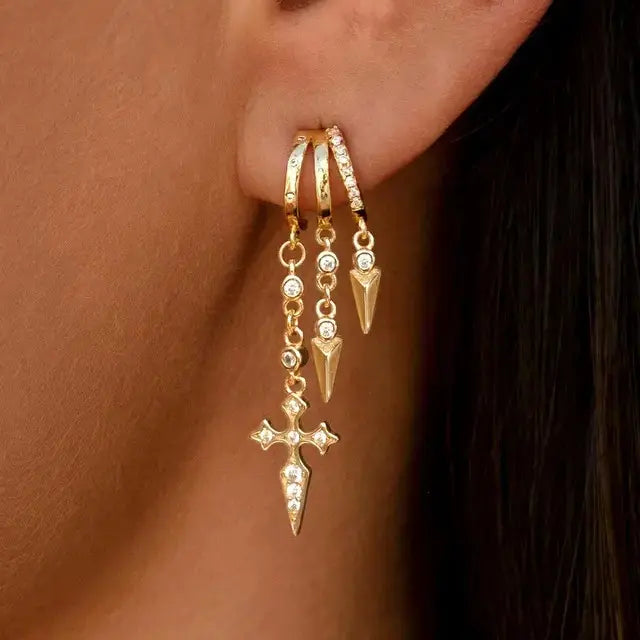 14k Triple Huggie Dangle Earrings Pair in gold