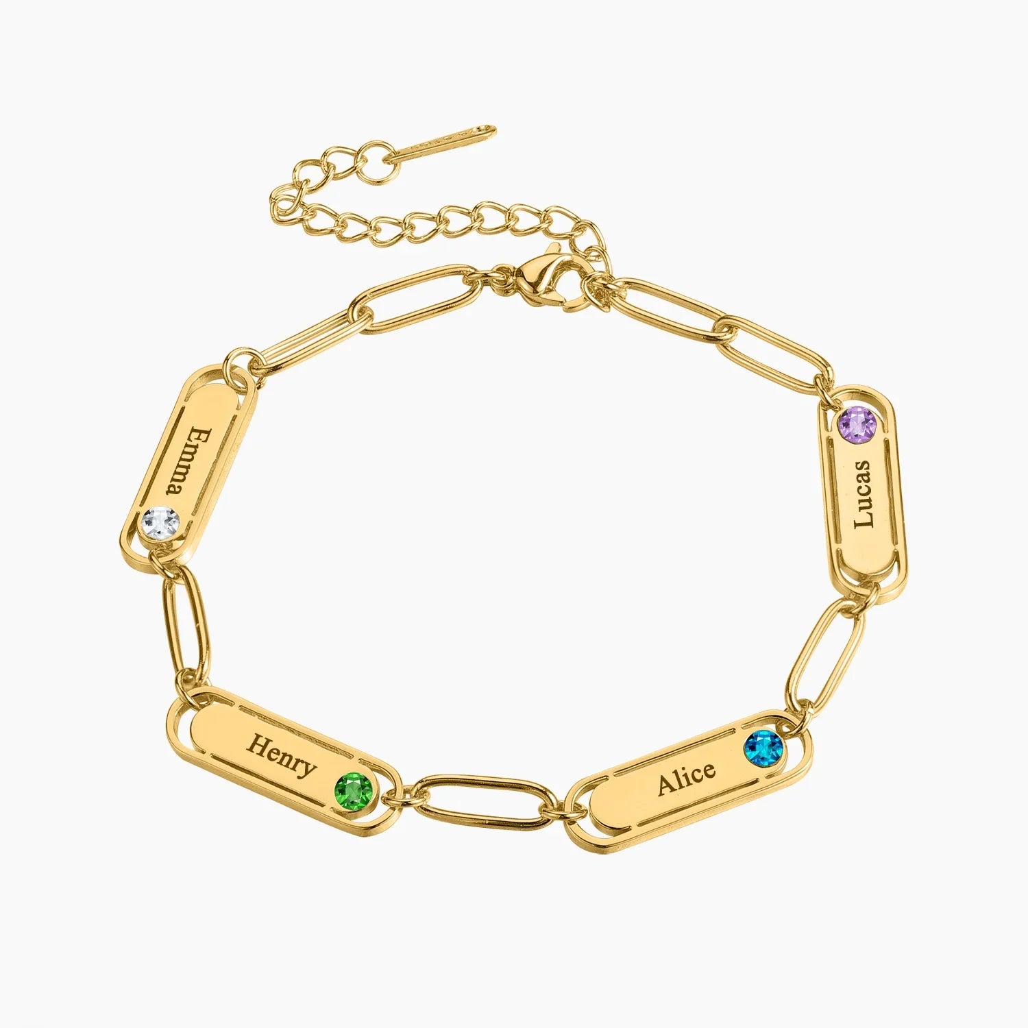 Dainty Name & Birthstone Paperclip Bracelet in gold