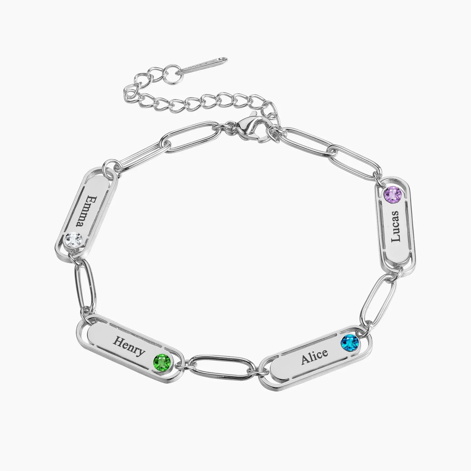 Dainty Name & Birthstone Paperclip Bracelet in silver