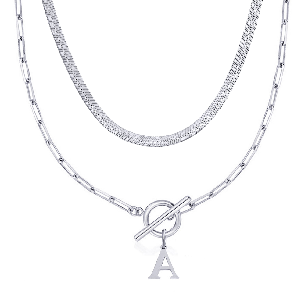 2pc paperclip initial toggle clasp herringbone necklace set
