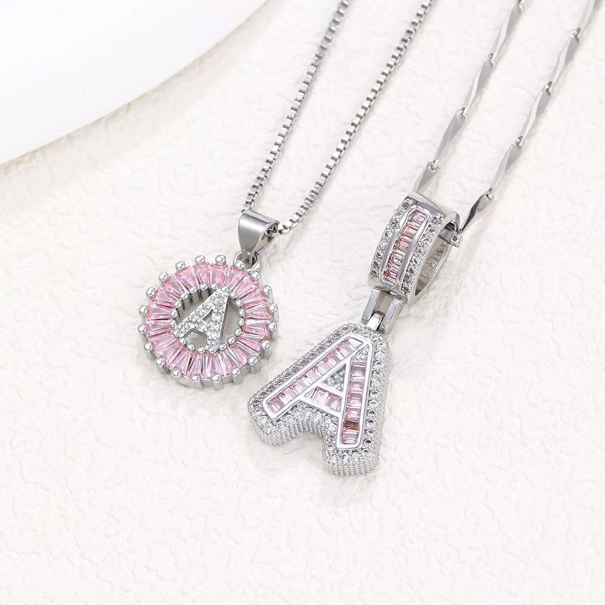 2pc 14k Diamond Letter Initial Necklaces (Limited Pink Edition) in silver