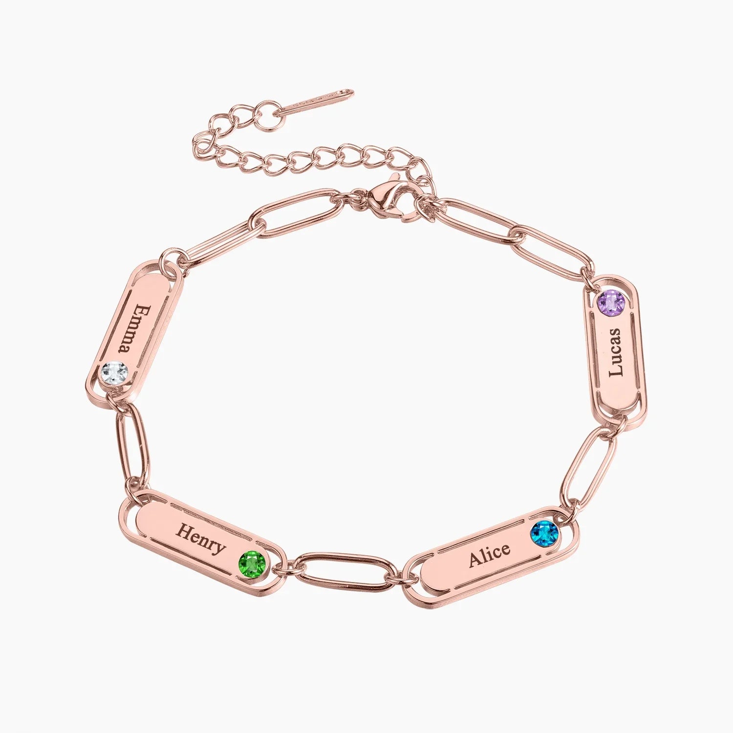 Dainty Name & Birthstone Paperclip Bracelet in rose gold