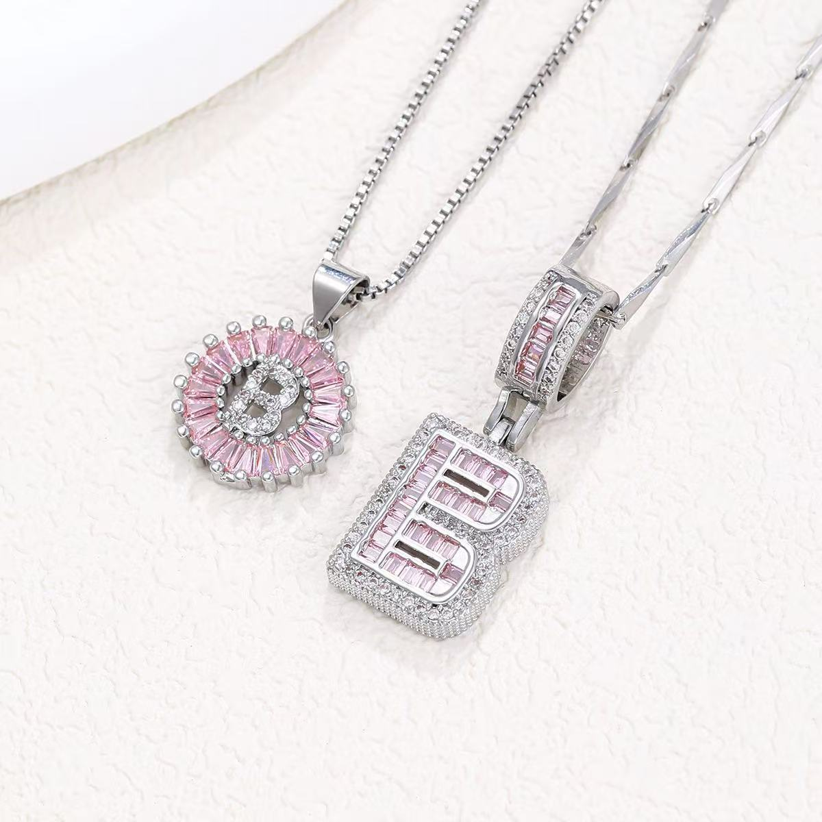 2pc 14k Diamond Letter Initial Necklaces (Limited Pink Edition) in silver