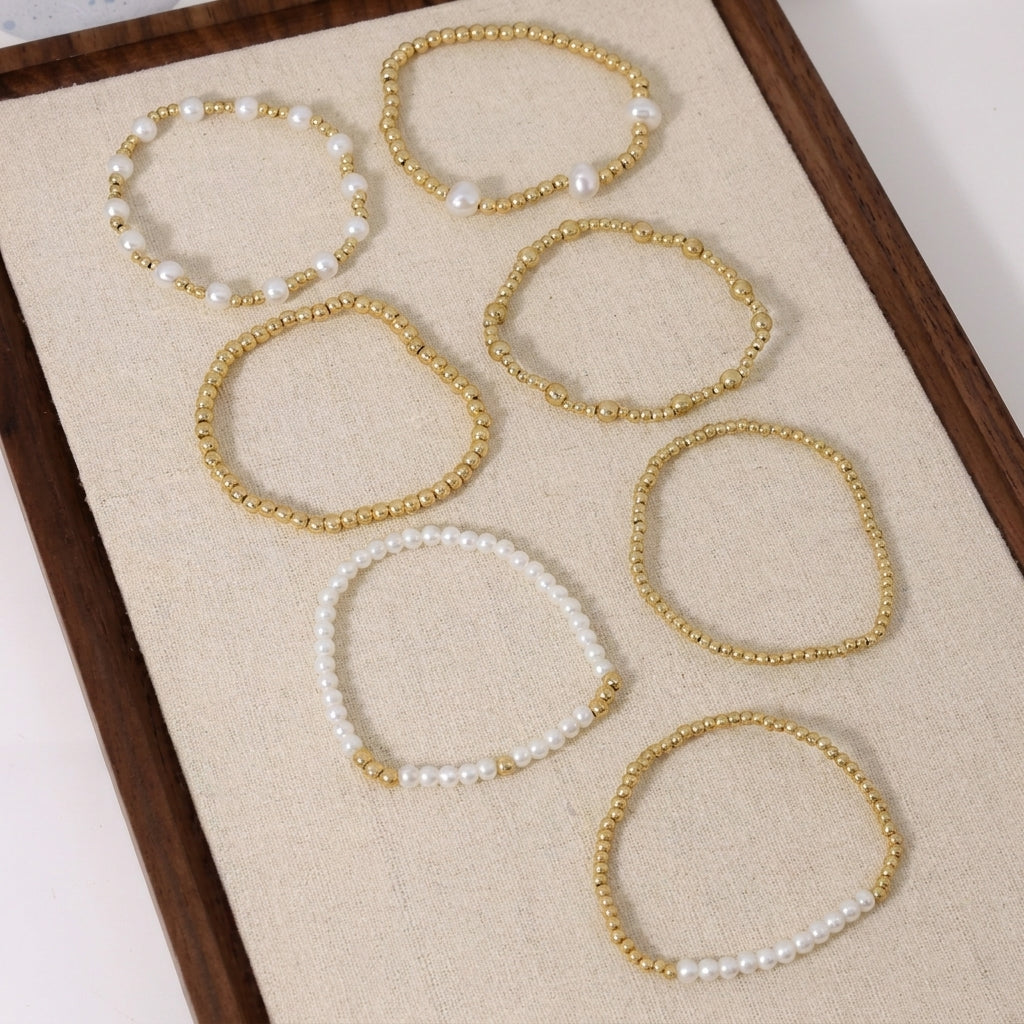 7pc Pearl & Gold Adjustable Bracelet Stack
