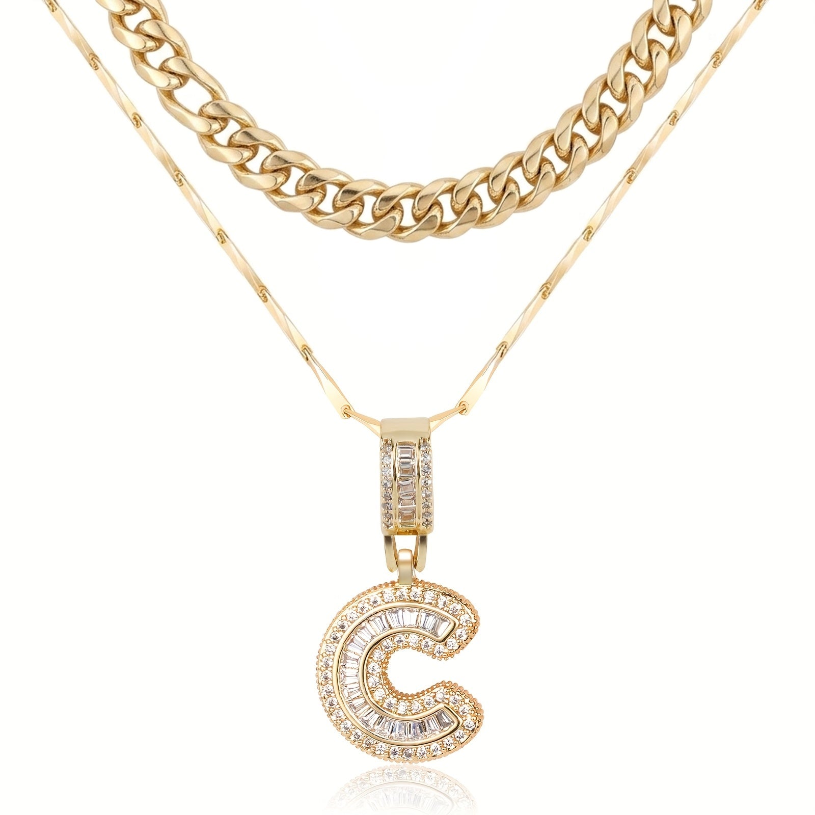 2pc 14k Layered Cuban & Initial Necklaces in gold