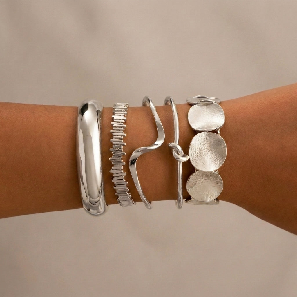14k 5pc Geometric Boho Bracelet Stack in silver