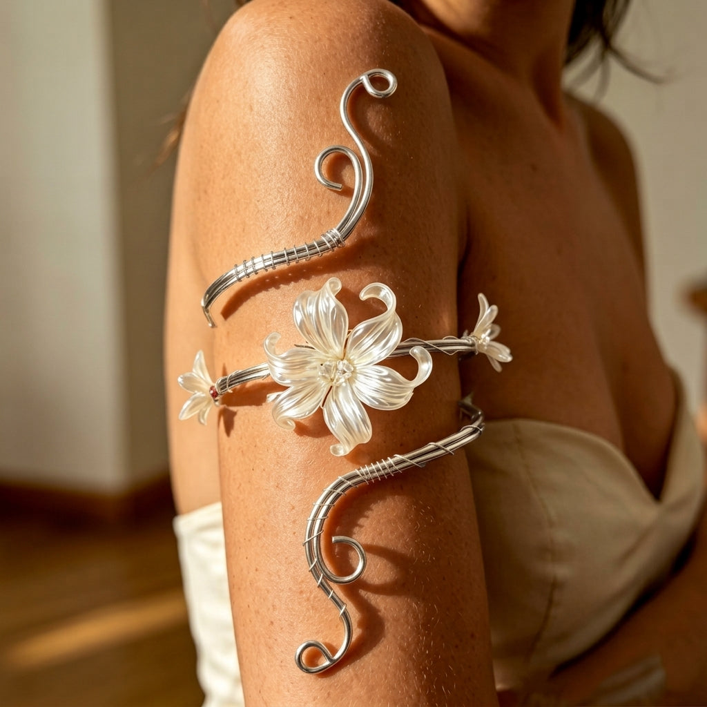 Floral Lily Arm Bracelet in silver