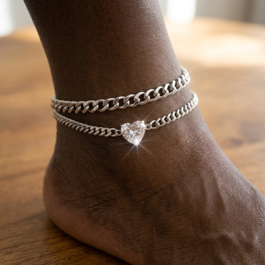 2pc Cuban Heart Accented Anklet Set in silver