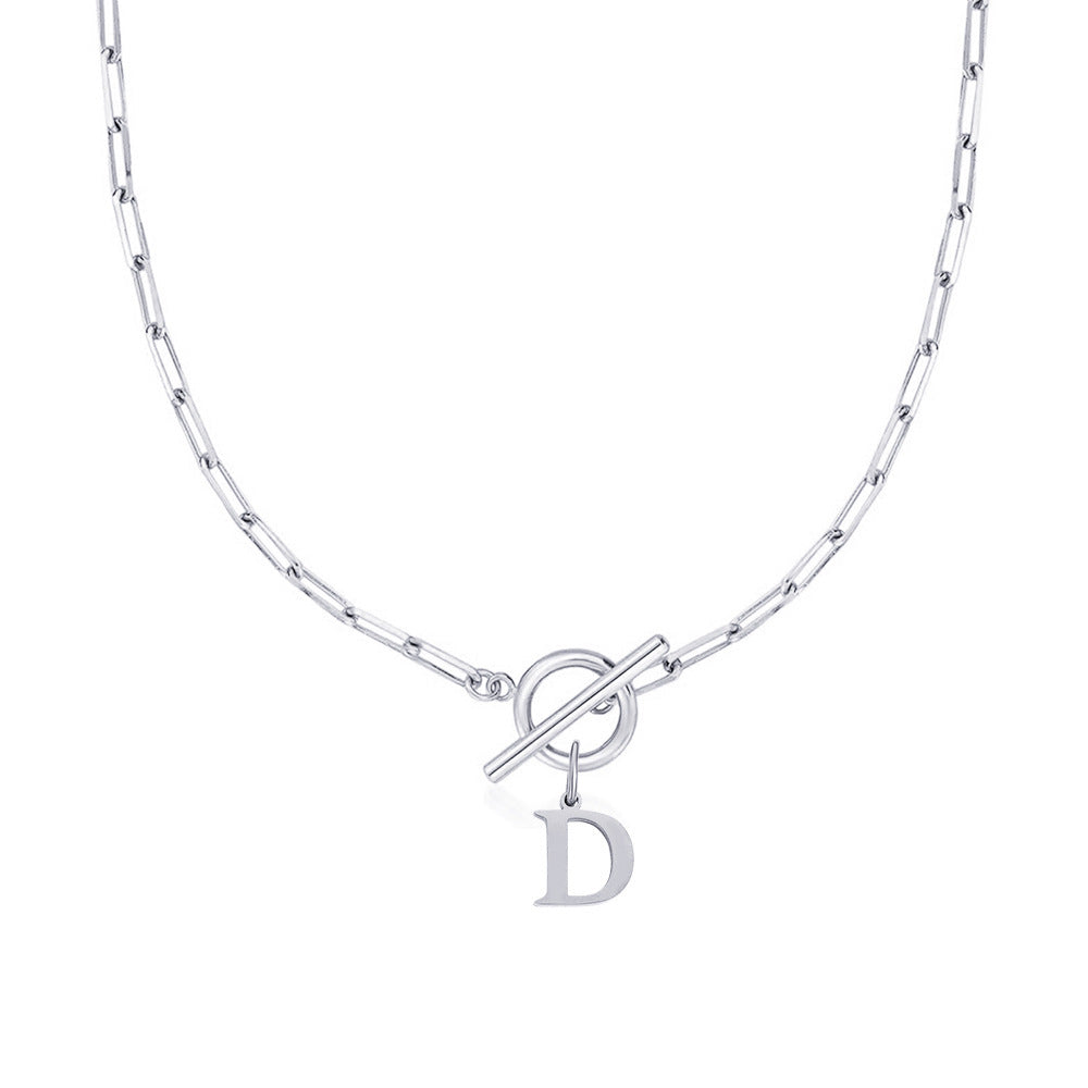 Paperclip Letter Initial Circle Lock Clasp Necklace in silver