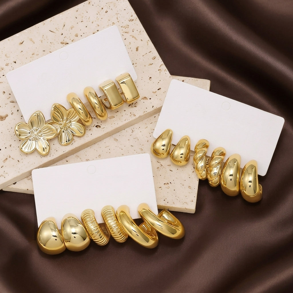 9 Pair Gold Variety Earrings Set