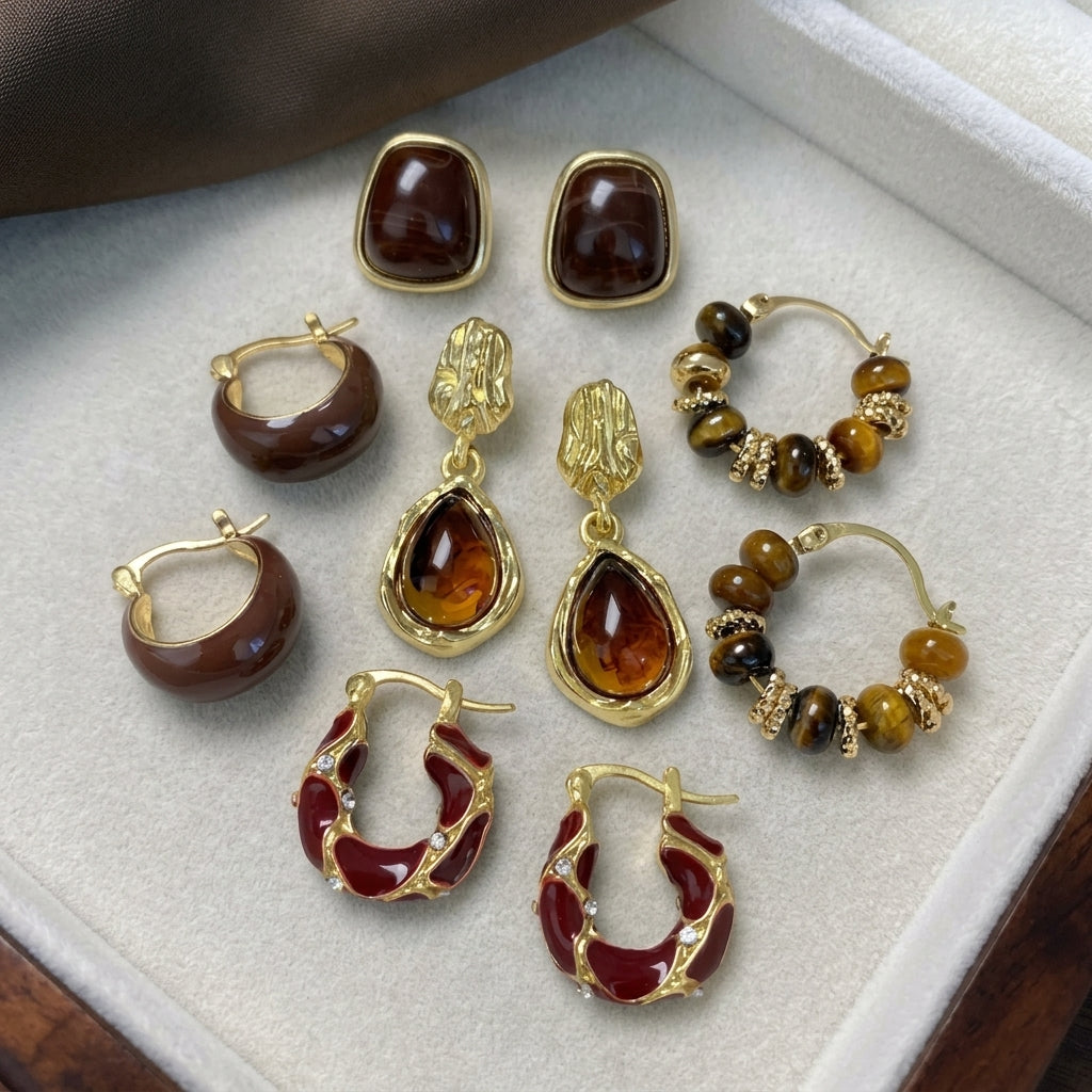4x Tiger Eye Enamel Earrings Sets