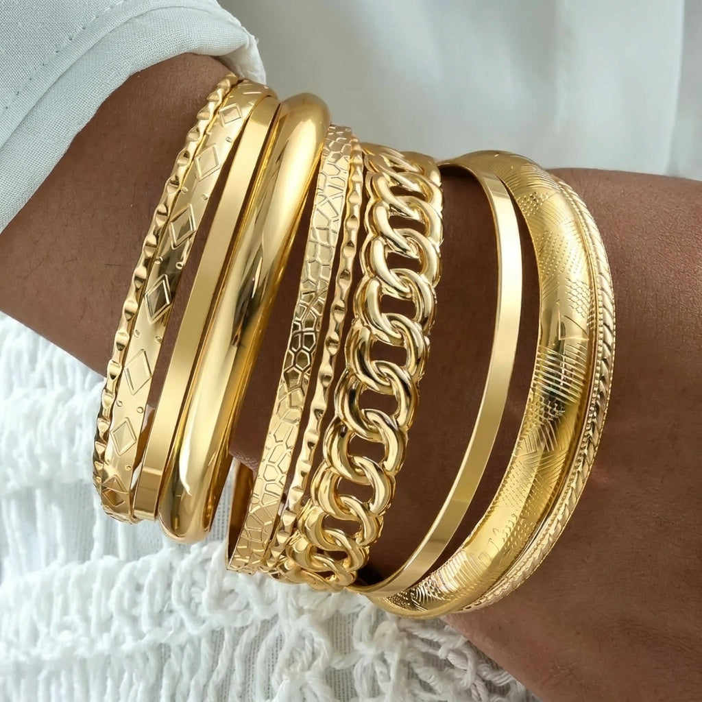14k 10pc Chunky Variety Bracelet Stack in gold