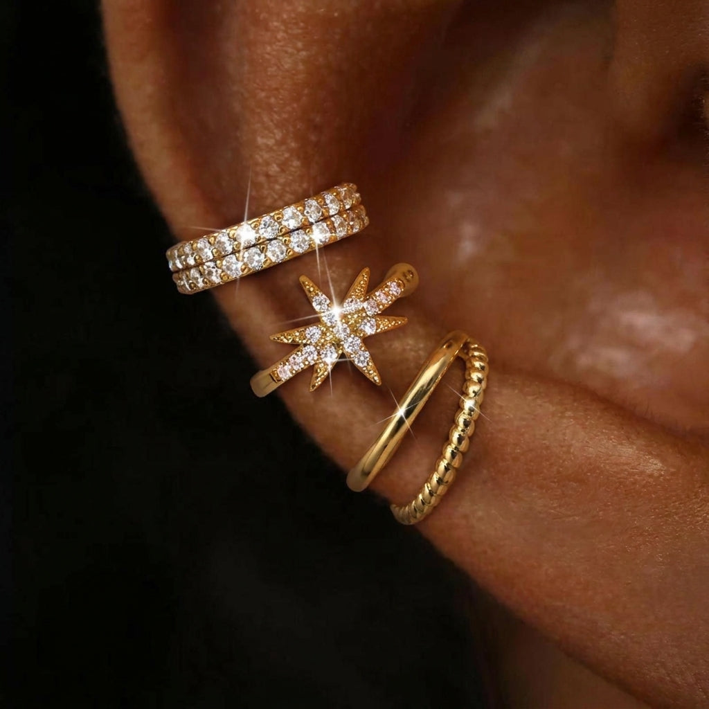 14k 3 Sets Elegant No-Piercing Ear Cuffs in gold