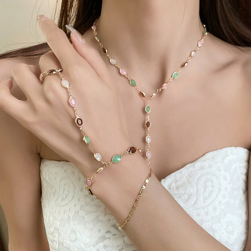 Layered Chain & Oval Beaded Hand Chain & Necklace Set