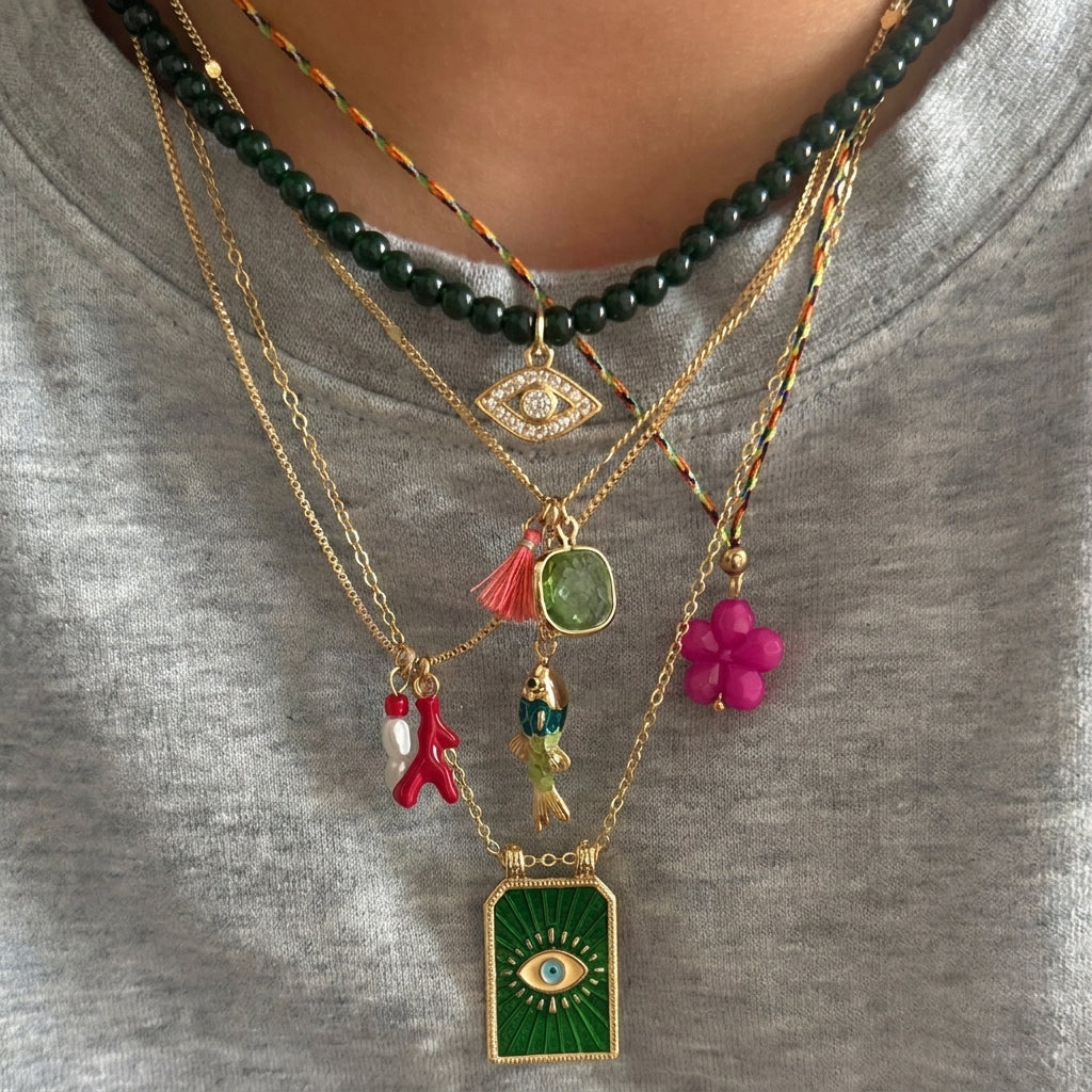 5pc Boho Evil Eye Fish Necklace Stack