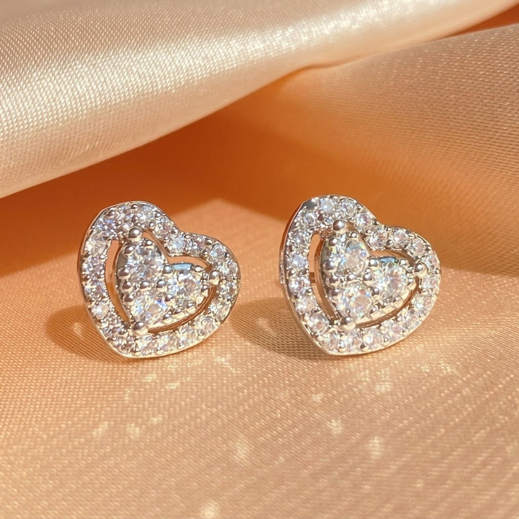 Elegant CZ Heart Stud Earrings