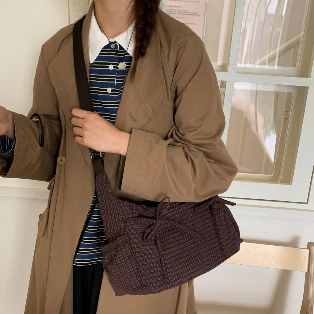 Cute Feminine Double Bow Plaid Purse