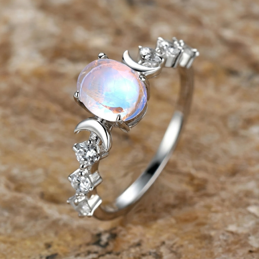 Crescent Moon Opal Center Ring in silver