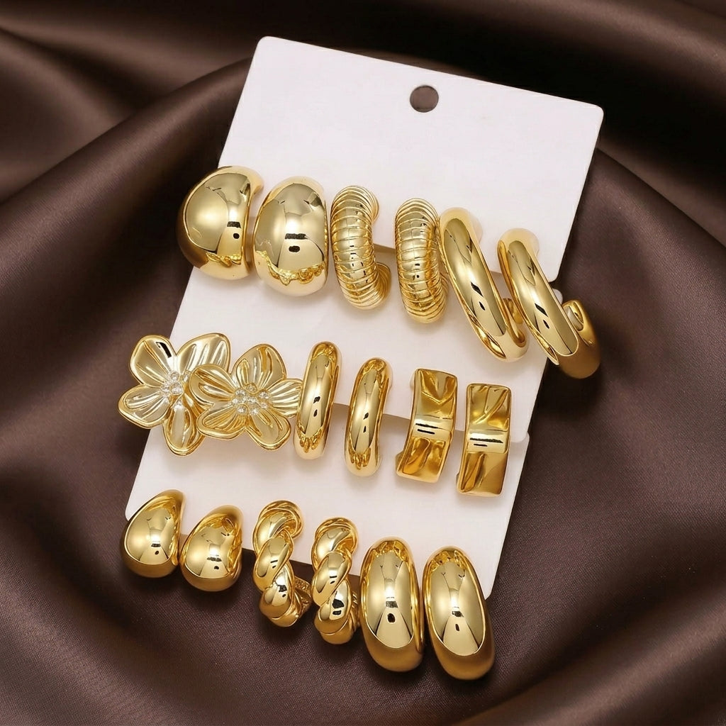 9 Pair Gold Variety Earrings Set